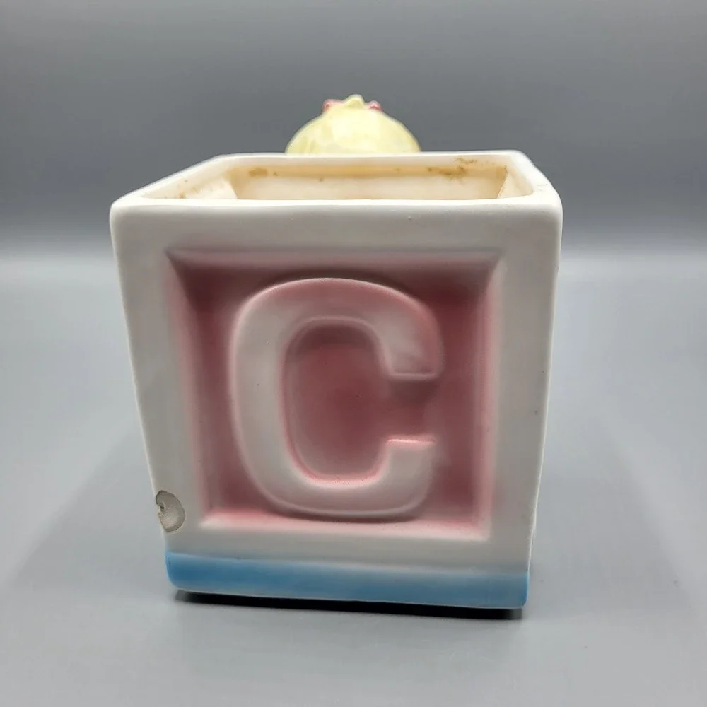 Enesco Baby Girl Alphabet Block Cart Planter Vintage Japan E-6127 Pink Blue READ